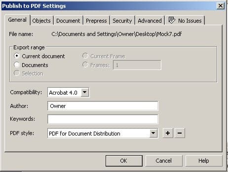 The Publish To PDF Settings dialog box