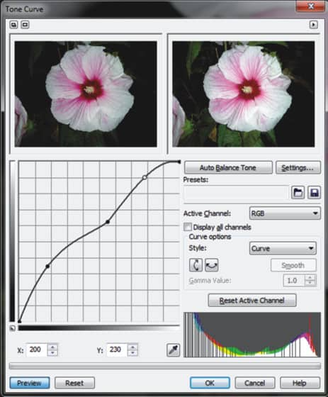 Corel PHOTO-PAINT - Paramètres de la courbe de teinte