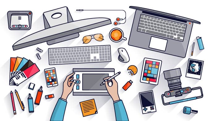 digital illustration of graphic design devices on desk