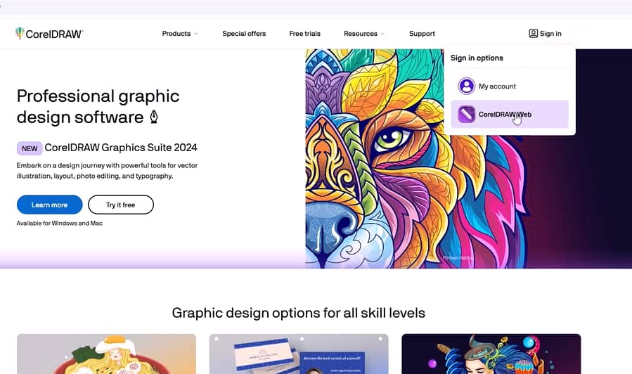 CorelDRAW Web login