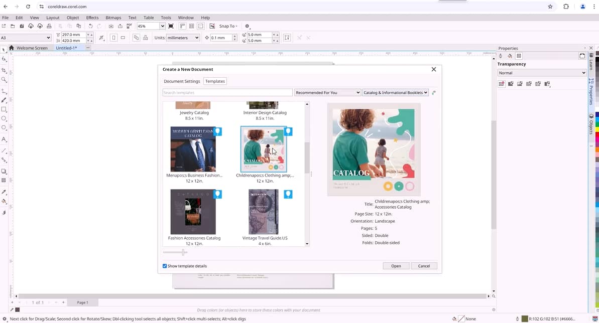 CorelDRAW Web template selection