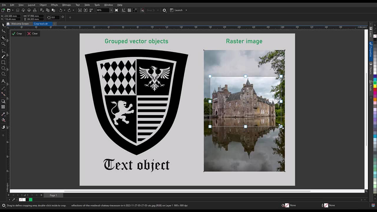 Crop bitmap, vector, and text objects