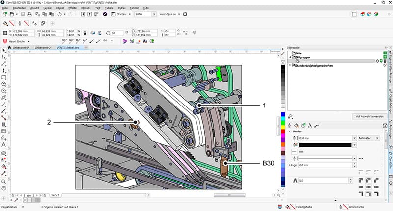 Adding callouts with one click: Adding callouts to the isometric 2D data; style templates are used for the look of the callouts